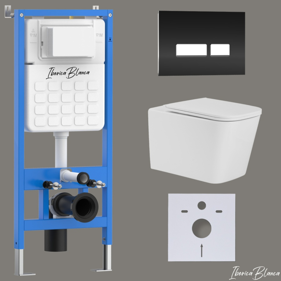 Комплект 3в1 IBERICA BLANCA инсталляция SILENCIO, унитаз TOLEDO ALTO белый, кнопка смыва CRYSTAL-R черный глянцевый (IB001.TLA.234.2211)