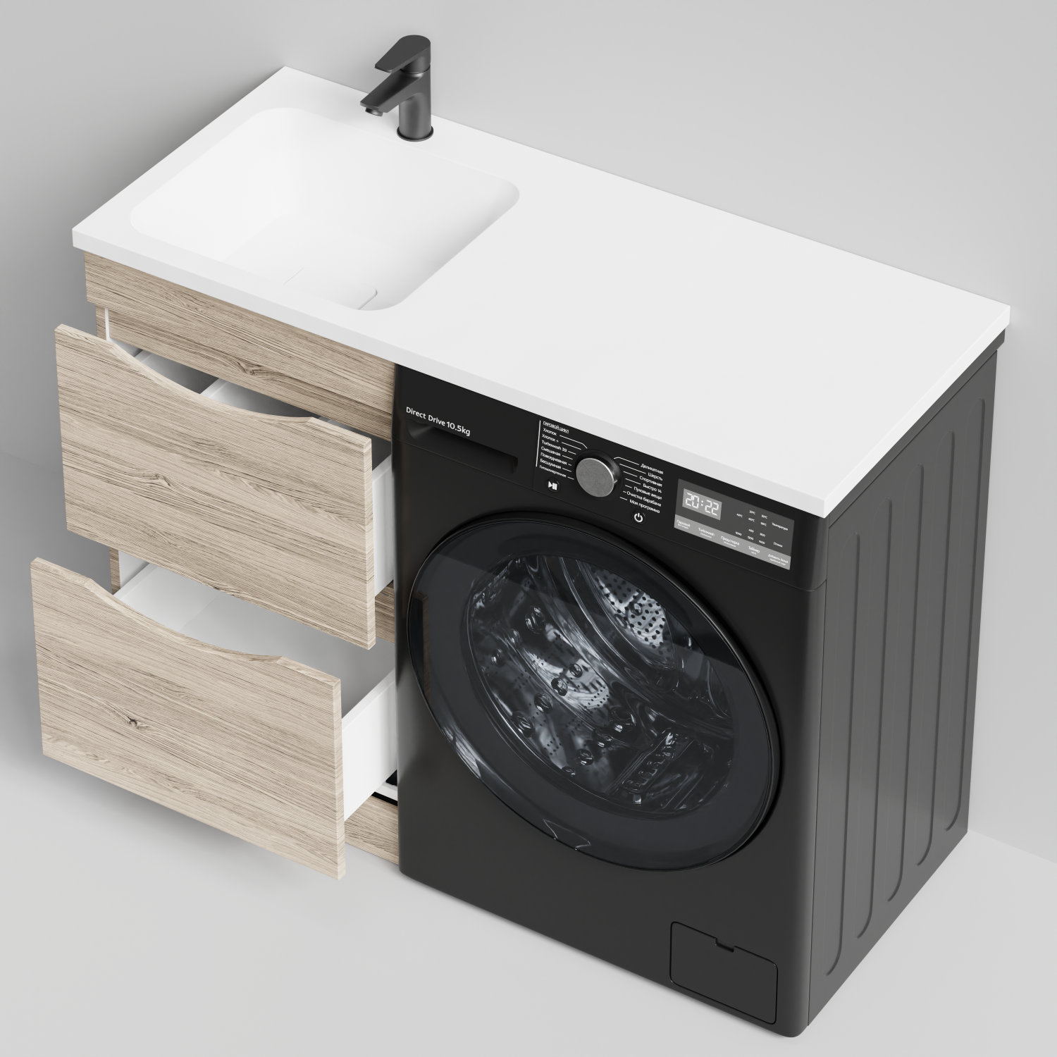 Тумба Vod-ok 48 с раковиной Смайл 110 напольная, под стиральную машину, левая, Дубослив ореховый светлый