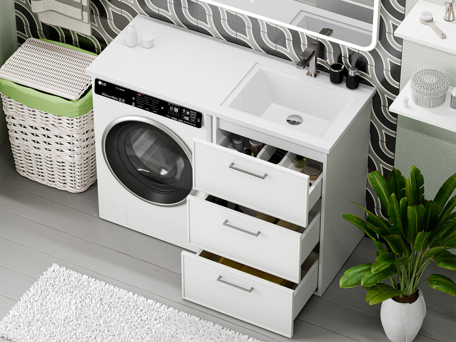 Тумба с раковиной Brevita Frame 55 под стиральную машину напольная правая (белая)