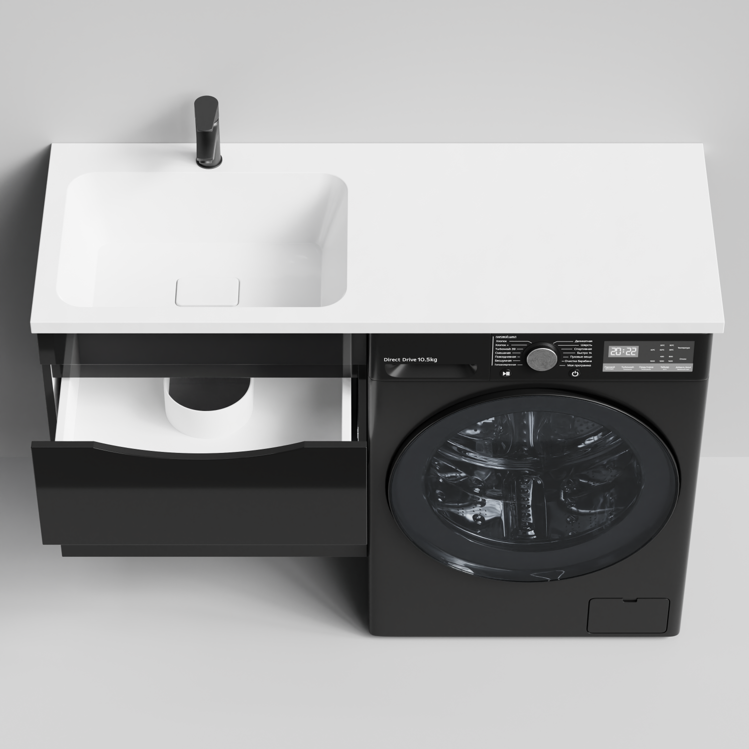 Тумба Vod-ok 58 с раковиной Смайл 120 подвесная, под стиральную машину, левая, черный глянец