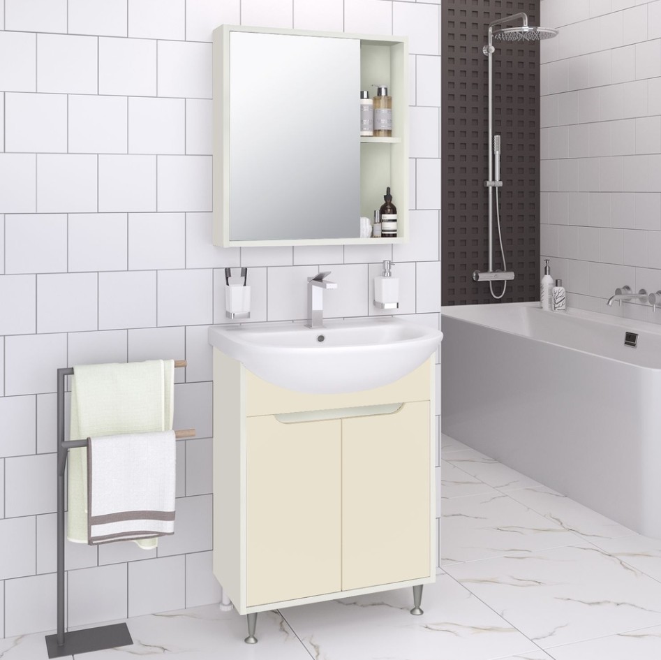 Тумба напольная Runo Эконова 60 с раковиной Уют 60, 2 двери, белый/крем