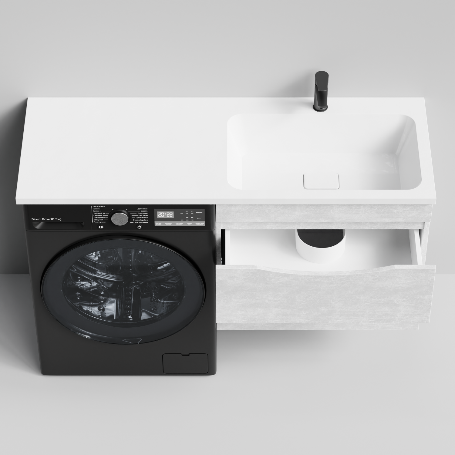 Тумба Vod-ok 68 с раковиной Смайл 130 подвесная, под стиральную машину, правая, Белый камень