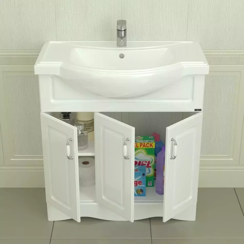 Тумба напольная Санта Верона 80 с раковиной Классик 80, 3 двери, белая