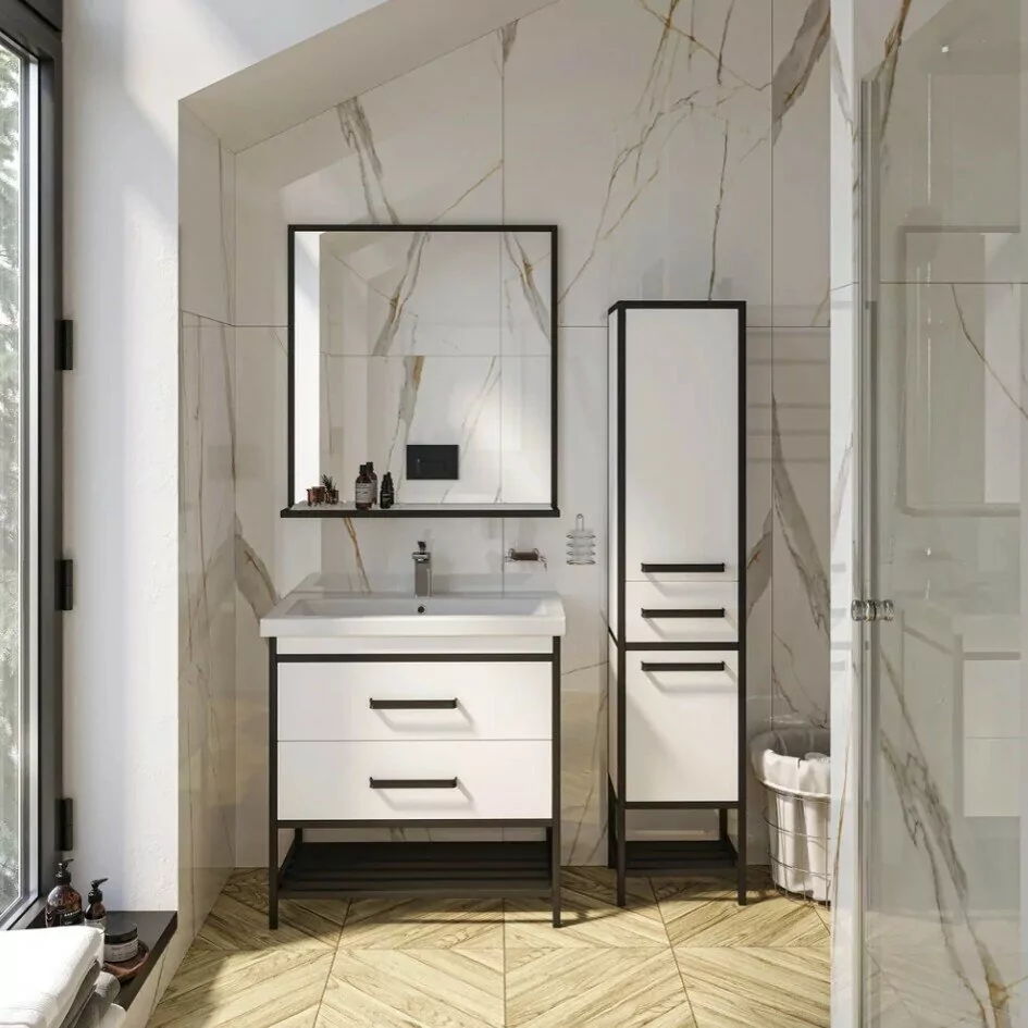 Тумба с раковиной Sanflor Норд 80 напольная, белый, черный муар