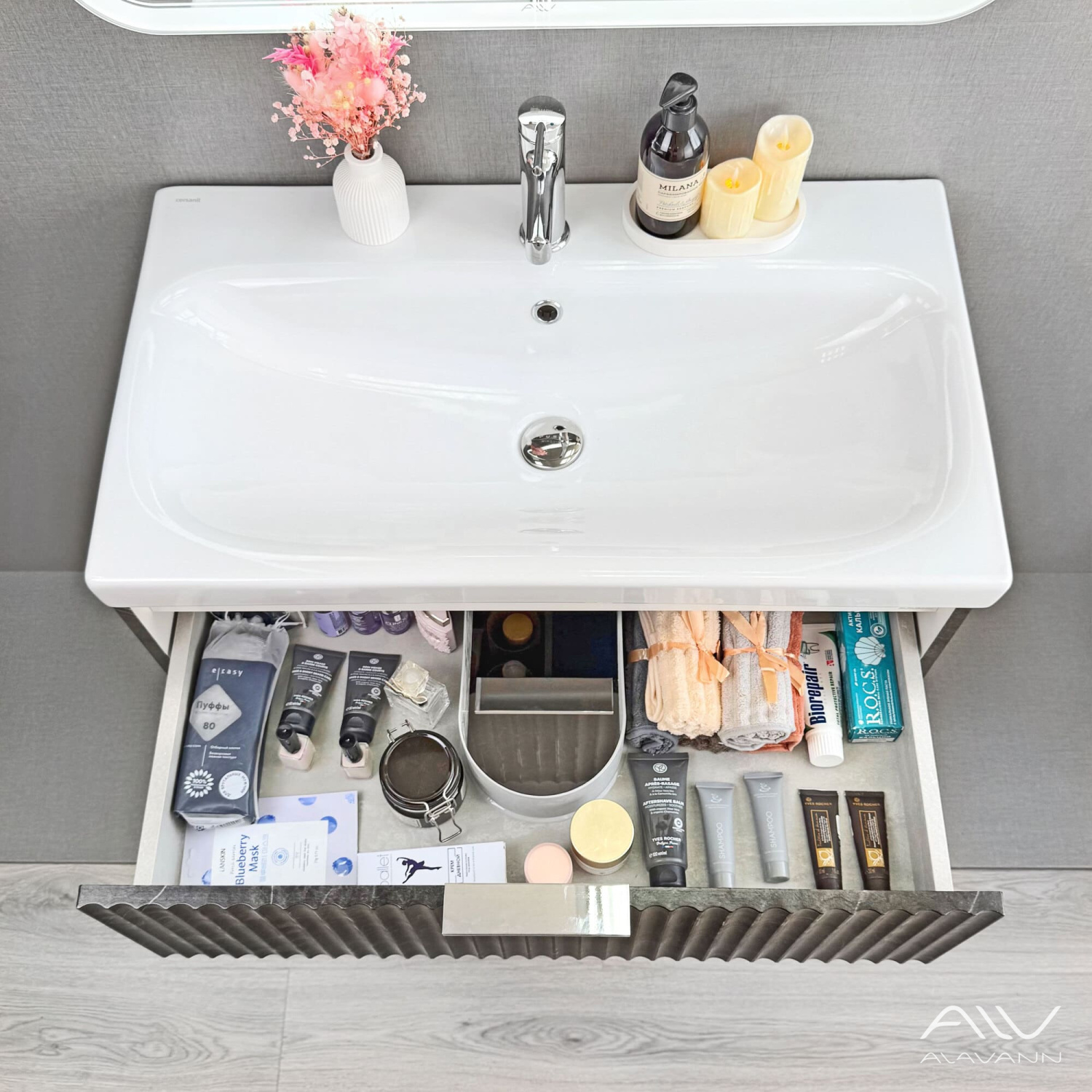 Тумба подвесная Alavann Anna 80 с раковиной Moduo 80, черный мрамор