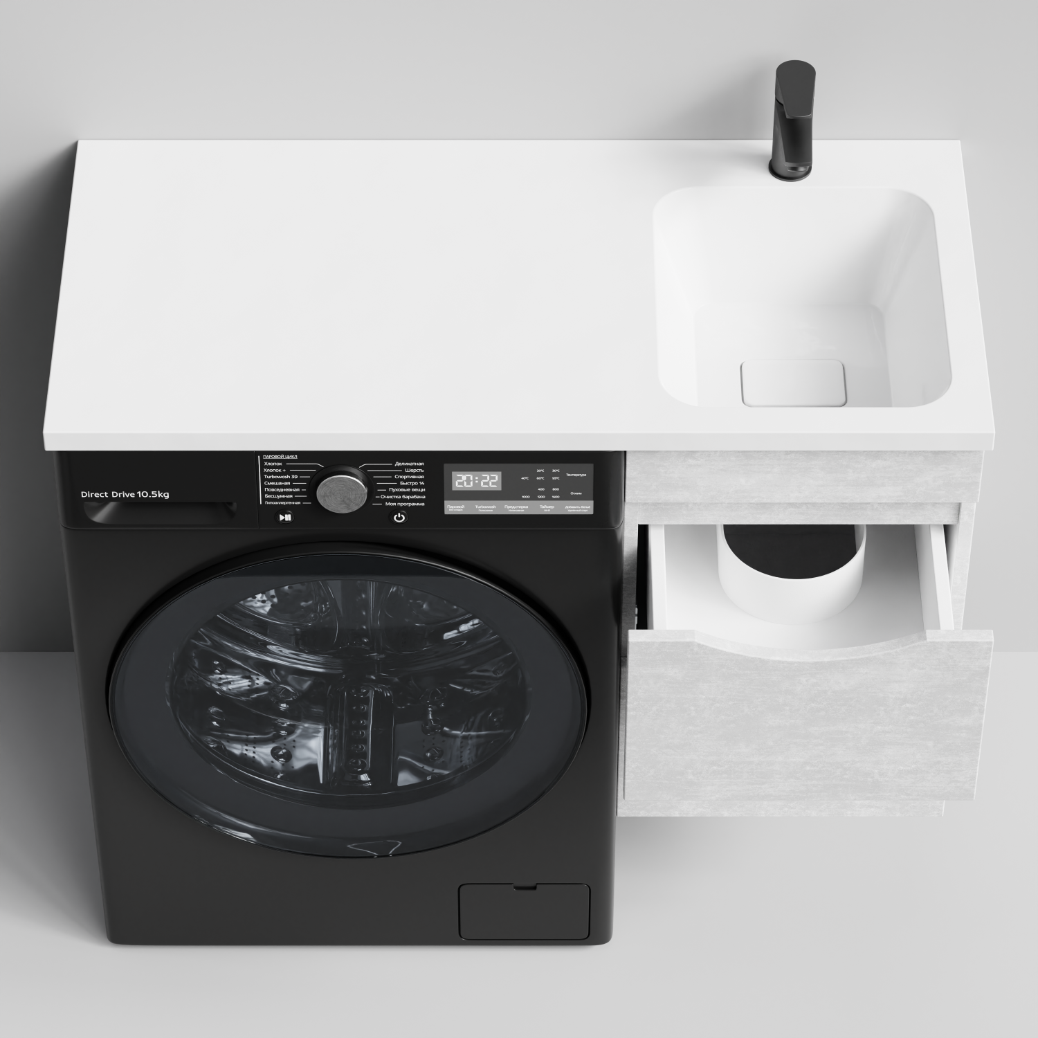 Тумба Vod-ok 48 с раковиной Смайл 110 подвесная, под стиральную машину, левая, Белый камень