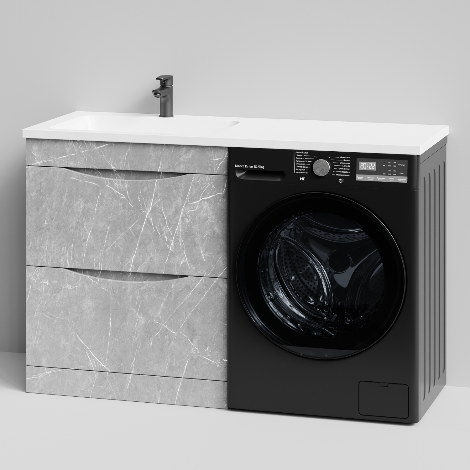 Тумба Vod-ok 68 с раковиной Смайл 130 напольная, под стиральную машину, левая, Мрамор Белый софт тач