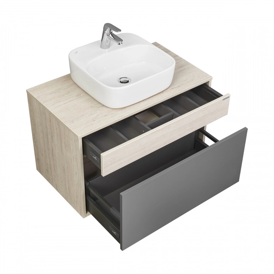 Тумба подвесная Aquaton Лофт Урбан 80 с раковиной Одри 40х42 Soft, серый графит, дуб орегон