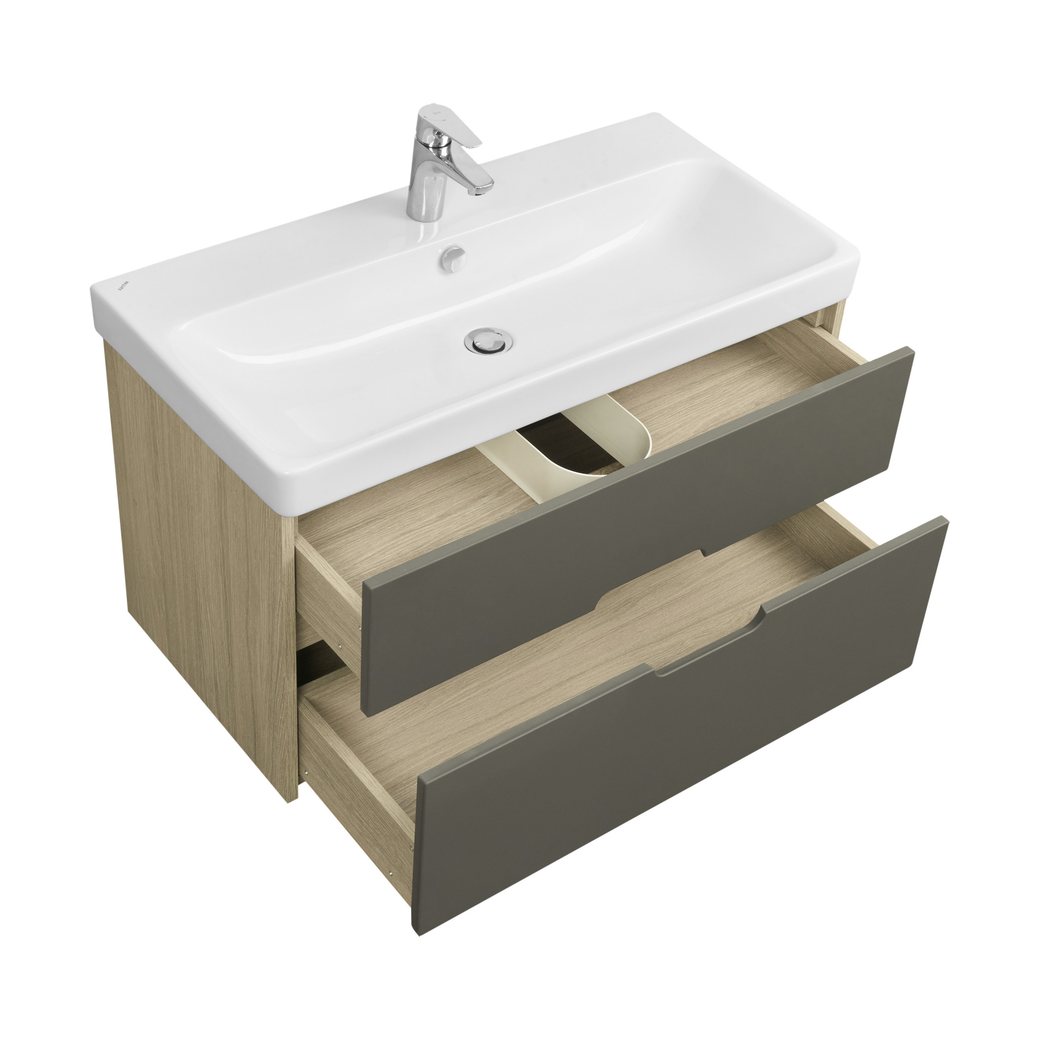Тумба Aquaton Оливия 90 с раковиной Адриана 90 подвесная, 2 ящика, грей, дуб ойстер