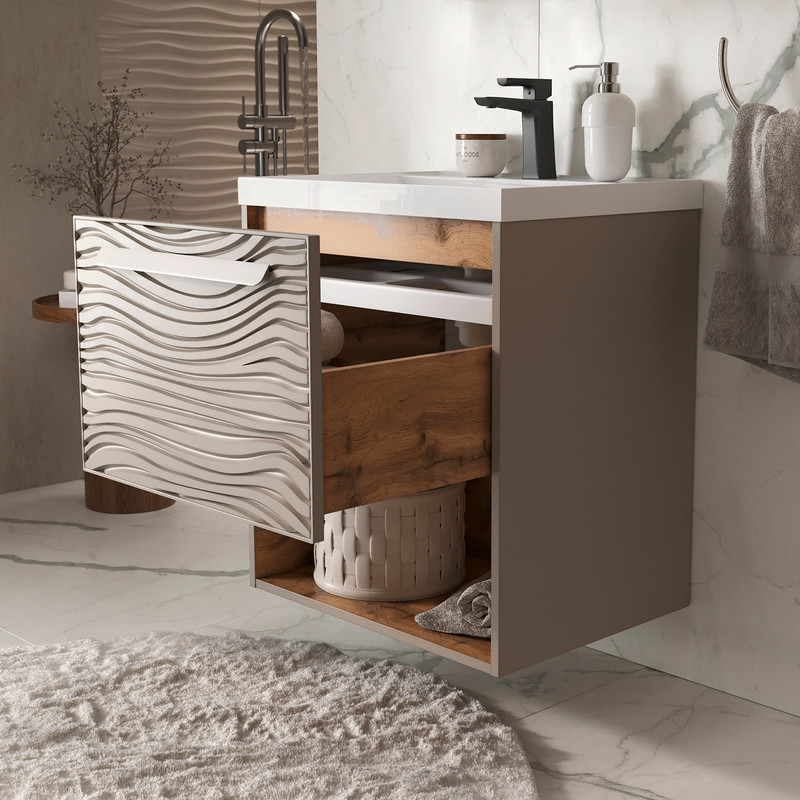 Тумба с раковиной EQUIL Gleam 60 подвесная, один ящик, амарок/дуб вотан