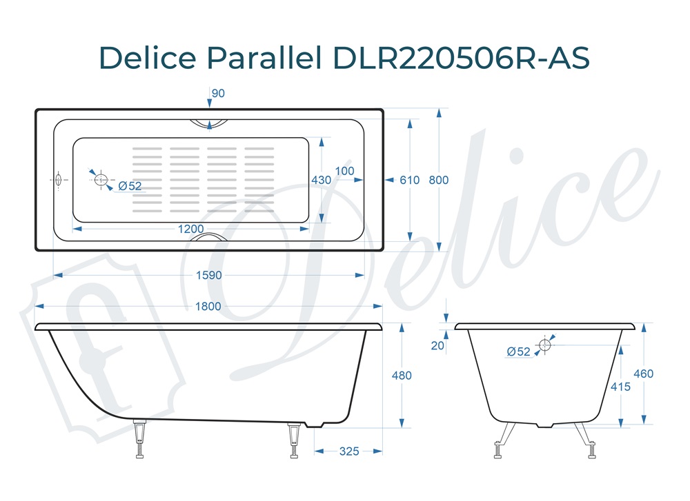 Ванна чугунная Delice Parallel 180х80 DLR220506R-AS с ручками и антискользящим покрытием