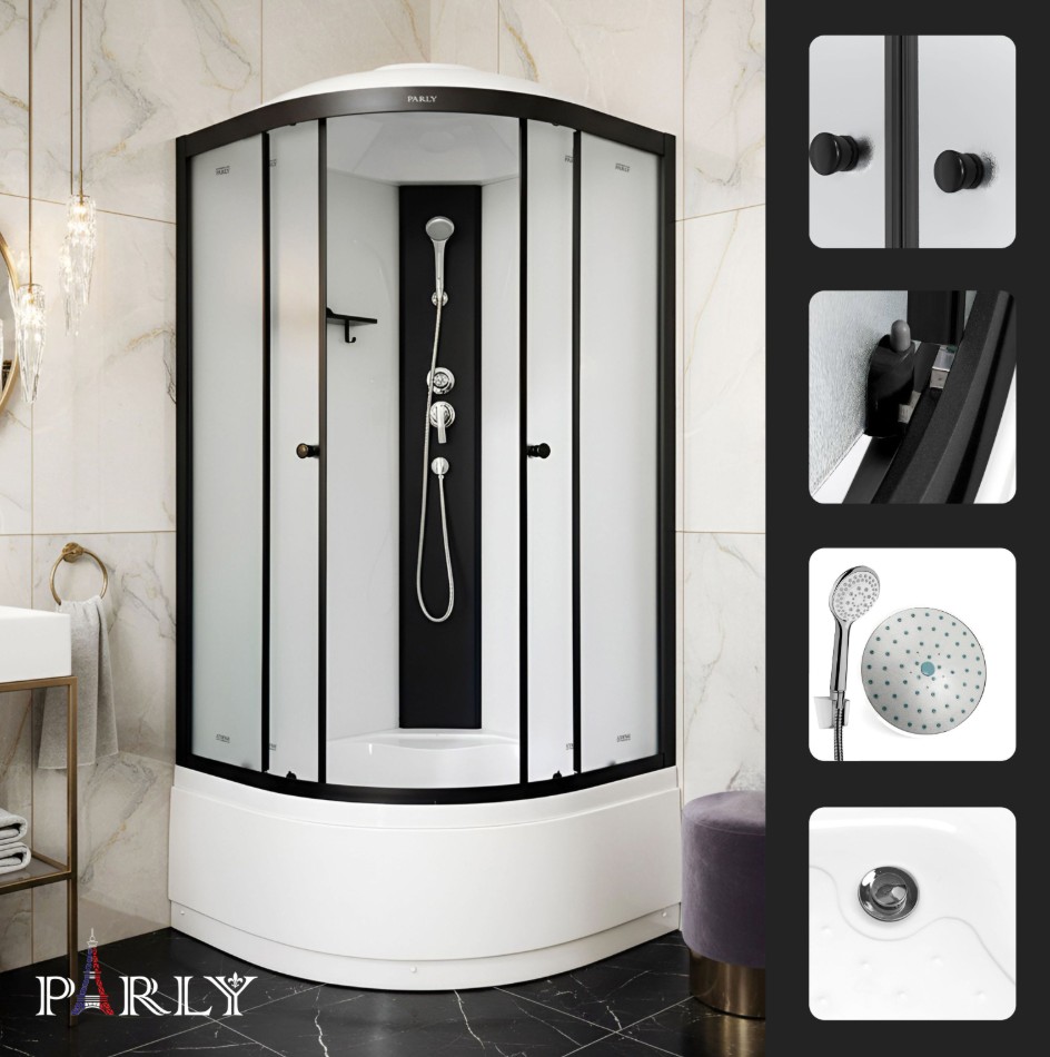 Душевой уголок PARLY BETT B921 90х90х215 1/4 круга, с поддоном, прозрачное стекло, черный
