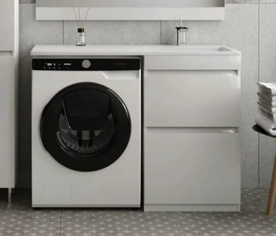 Тумба напольная Style Line Даллас 110 Люкс Plus Эмаль с раковиной Даллас 110 R под стиральную машину, два ящика, правая, белая