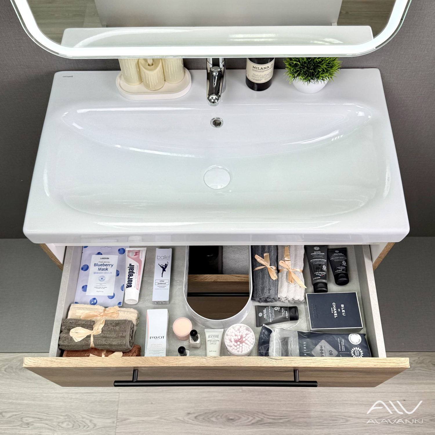 Тумба подвесная Alavann Rondo 80 с раковиной Moduo 80, дуб