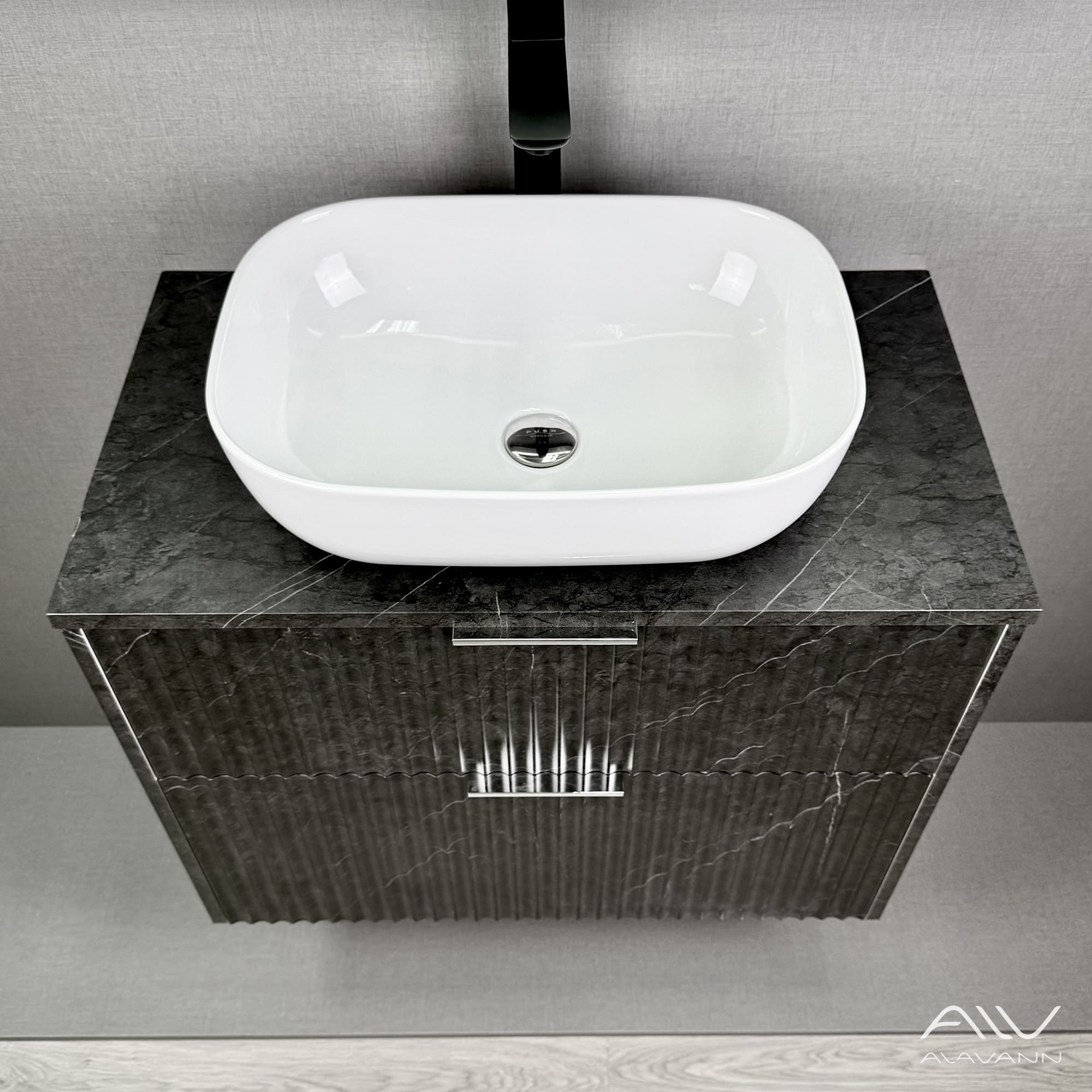 Тумба подвесная Alavann Anna 80 с раковиной Moduo 50 SQUARE, черный мрамор