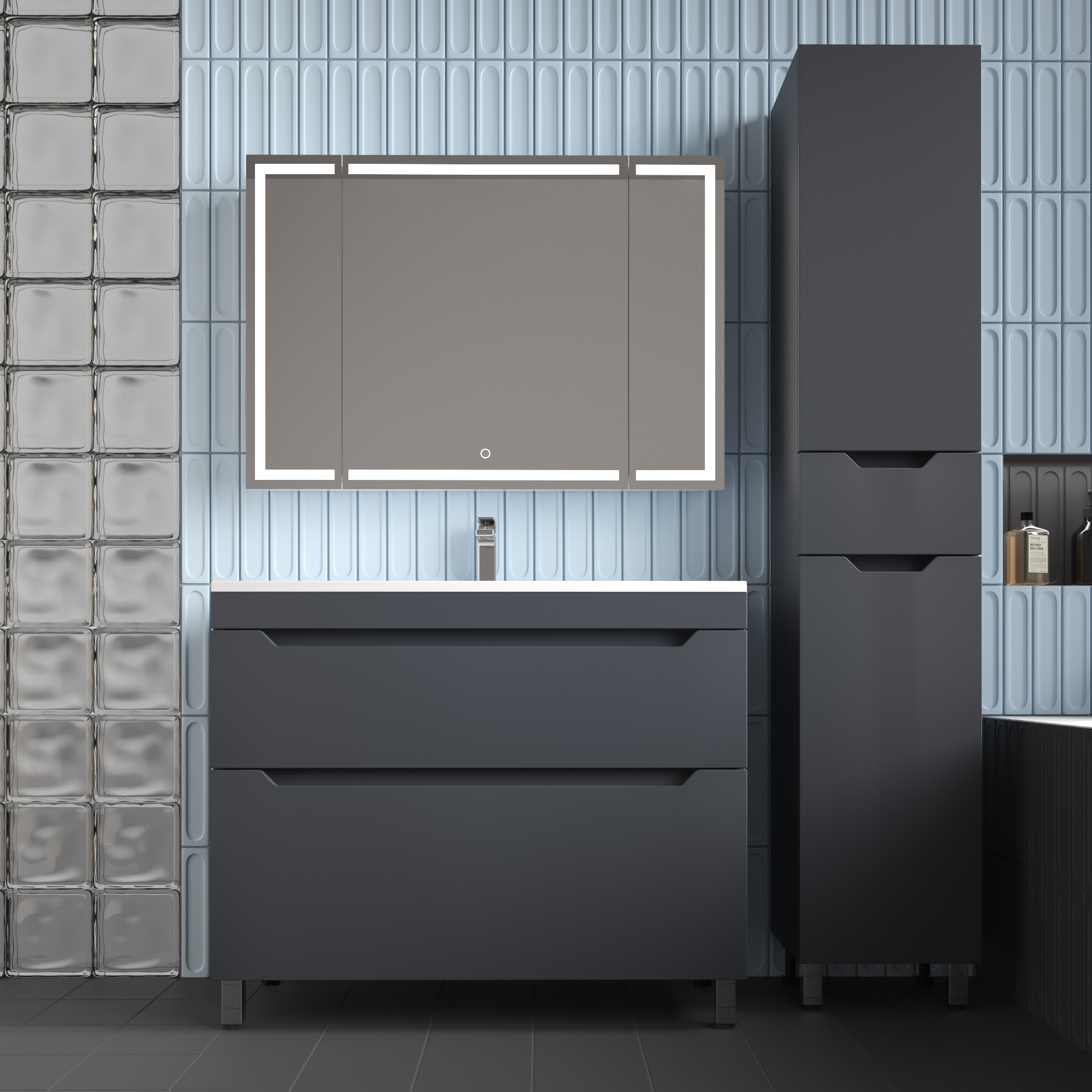 Тумба напольная Style Line Остин 100 с раковиной Фортуна 100 серый шелк, графит