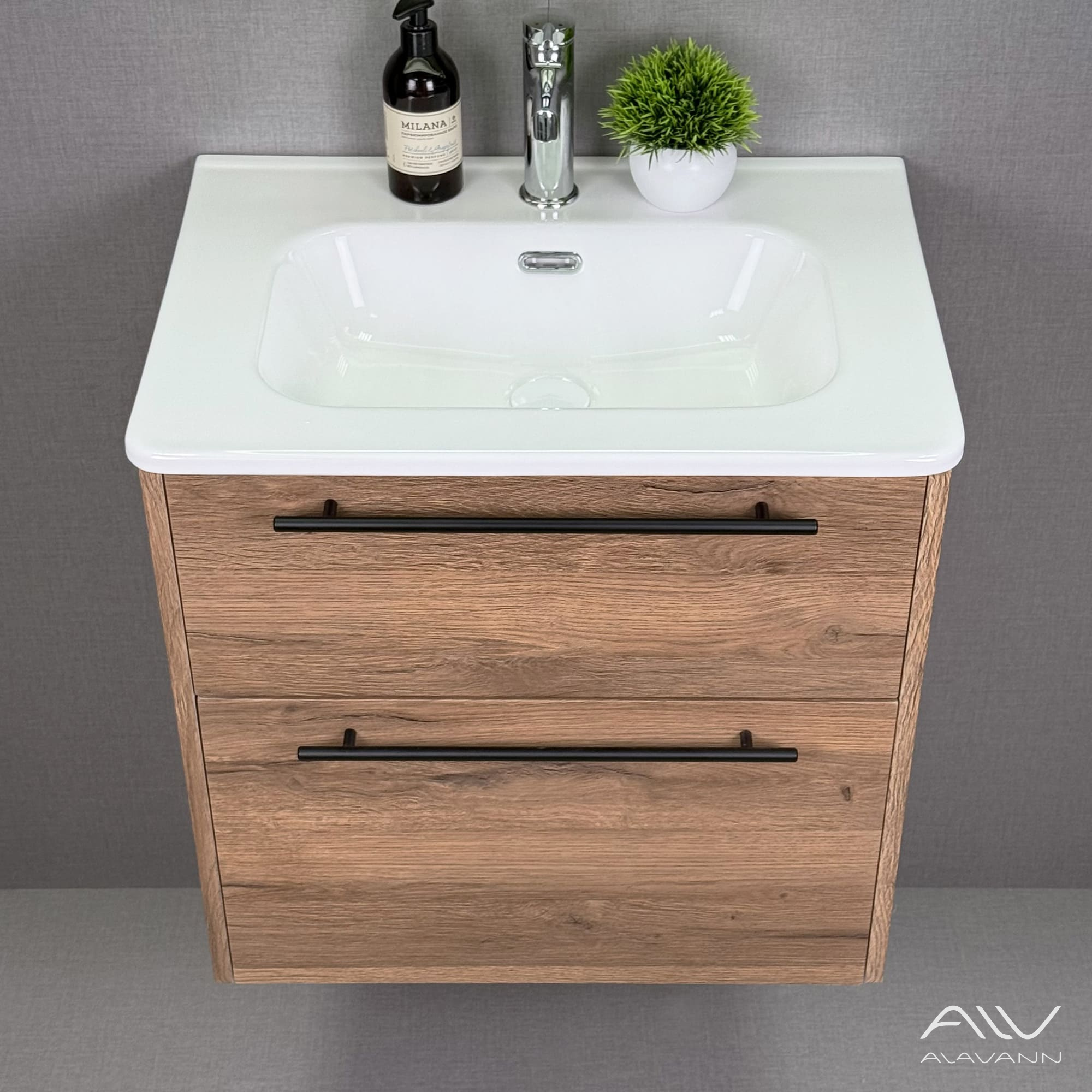 Тумба подвесная Alavann Rondo 60 с раковиной Rado 60, дуб