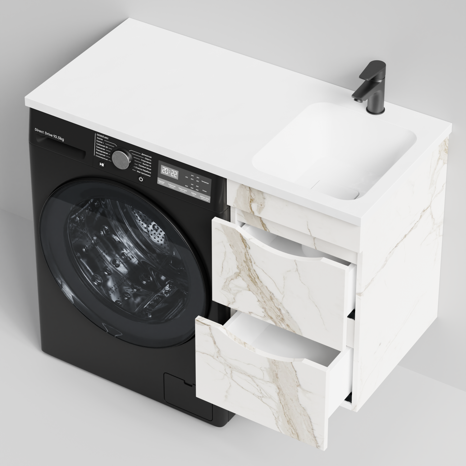 Тумба Vod-ok 38 с раковиной Смайл 100 подвесная, под стиральную машину, правая, Мрамор Белый натур милк