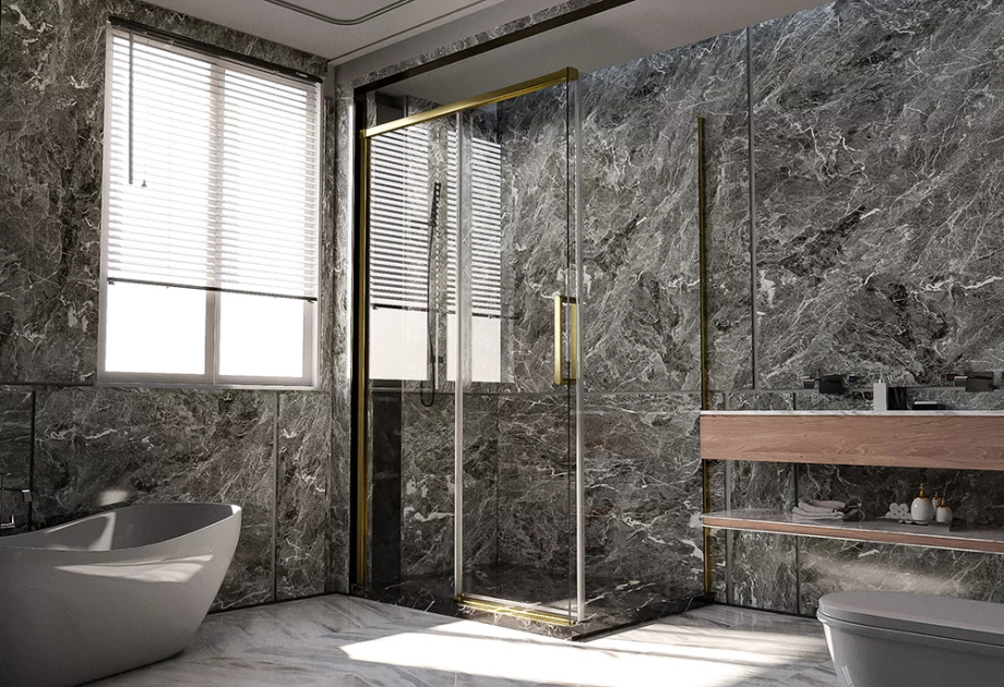 Душевой угол Veconi Premium Trento PTC-SP-40G, 1300х900x2000, брашированное золото, стекло прозрачное