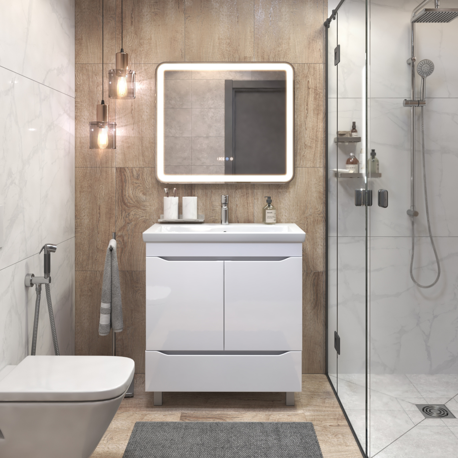 Тумба напольная Vigo Grani 800-2-1 с раковиной Como 80, 2 двери, 1 ящик, белый