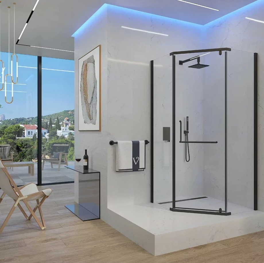 Душевой уголок Veconi RV36B-90-01-C5 90х90 пятиугольный, без поддона, прозрачное стекло, черный матовый