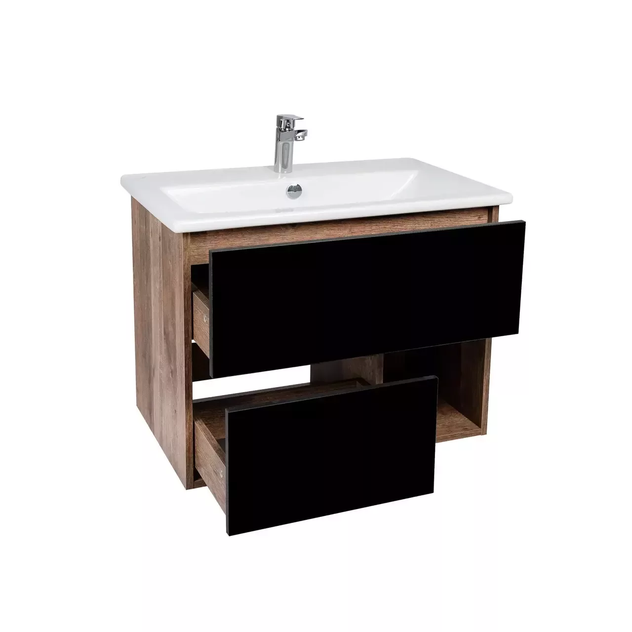 Тумба подвесная Viant Люксембург 75 с раковиной Элина 75, два ящика, черный/темное дерево