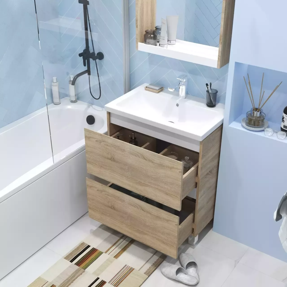 Тумба напольная 1Marka New Aris 70Н с раковиной Comfort 70, 2 ящика, дуб сонома