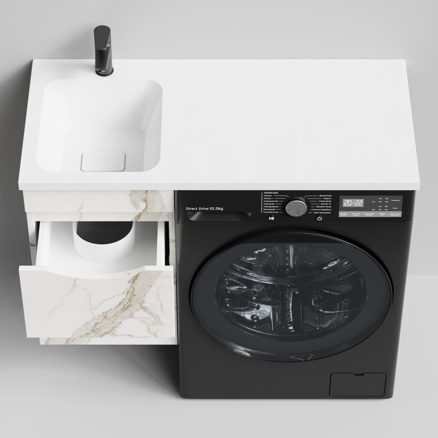 Тумба Vod-ok 38 с раковиной Смайл 100 подвесная, под стиральную машину, левая, Мрамор Белый натур милк