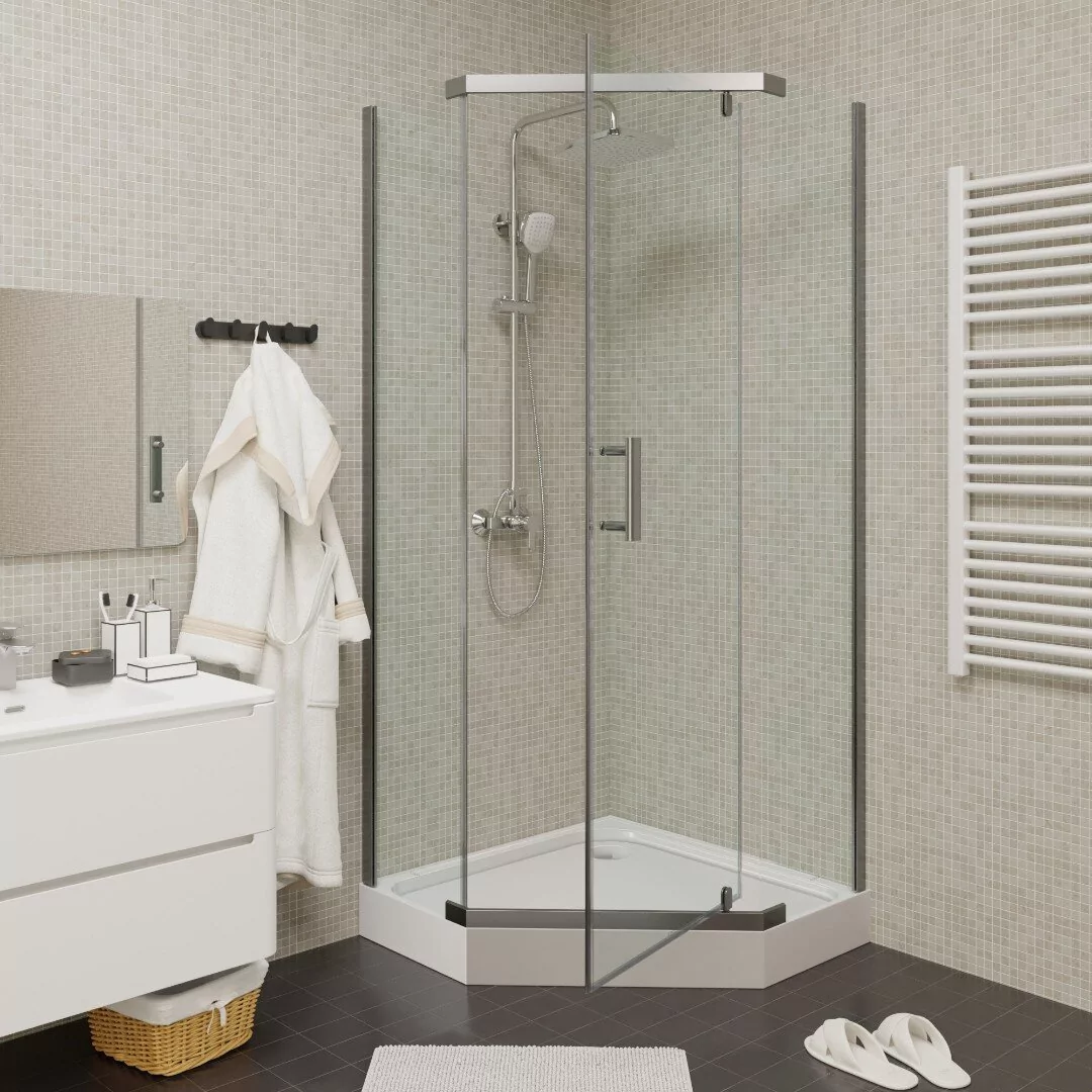 Душевой уголок Parly ZPE911TE пятиугольный, с низким поддоном, прозрачное стекло, хром