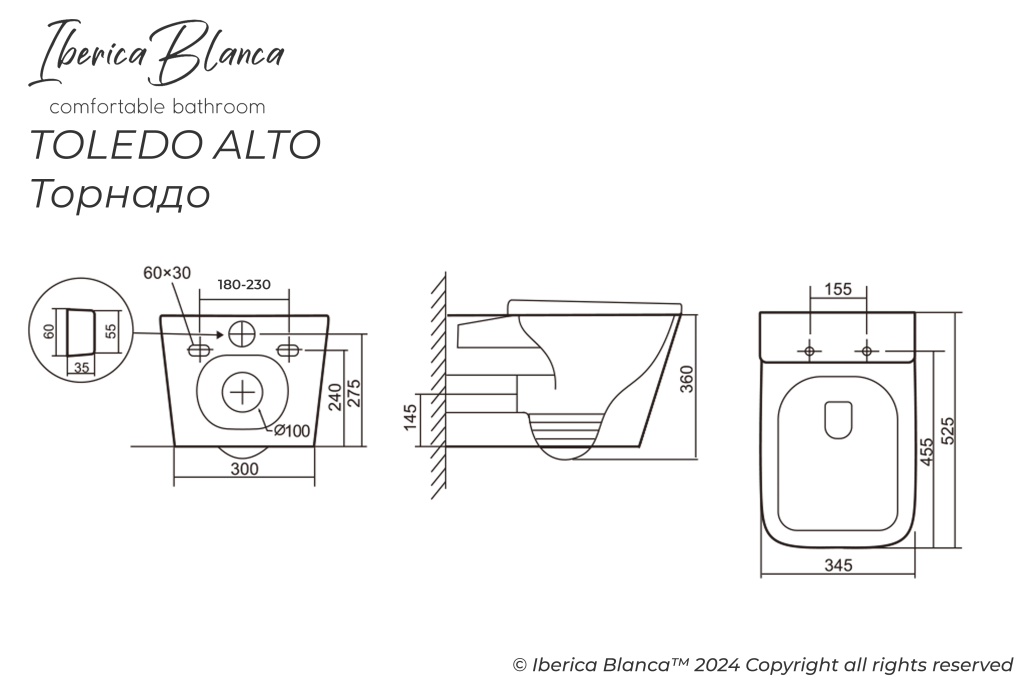 Комплект 3в1 IBERICA BLANCA инсталляция SILENCIO, унитаз TOLEDO ALTO белый, кнопка смыва CRYSTAL-R черный глянцевый (IB001.TLA.234.2211)