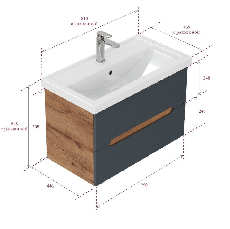Тумба подвесная Onika Айленд с раковиной Фостер 80 графит/дуб крафт золотой