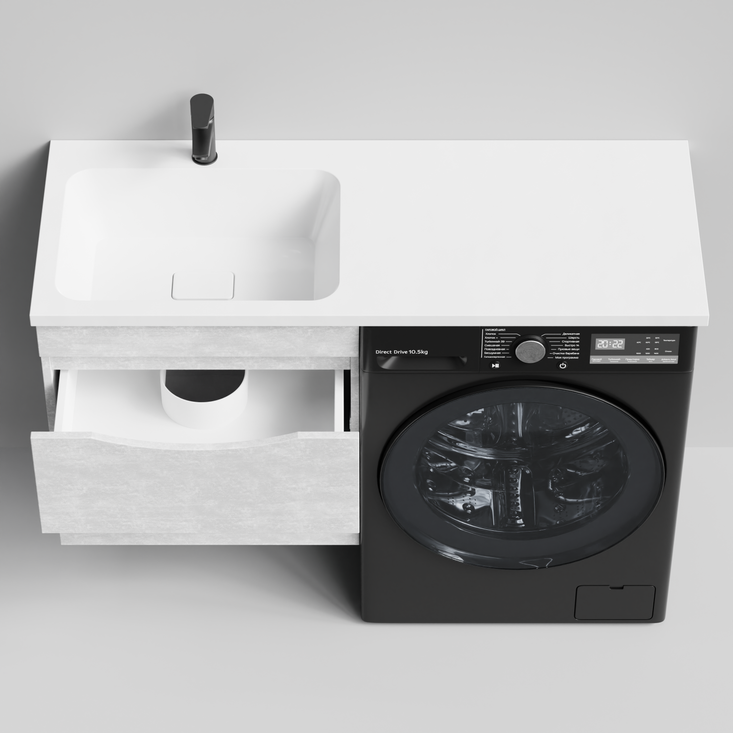 Тумба Vod-ok 58 с раковиной Смайл 120 подвесная, под стиральную машину, левая, Белый камень