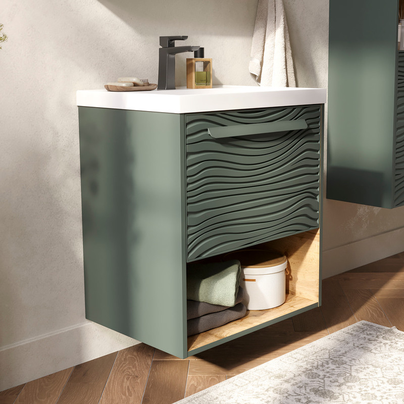 Тумба с раковиной EQUIL Gleam 60 подвесная, один ящик, зеленый камень/дуб вотан