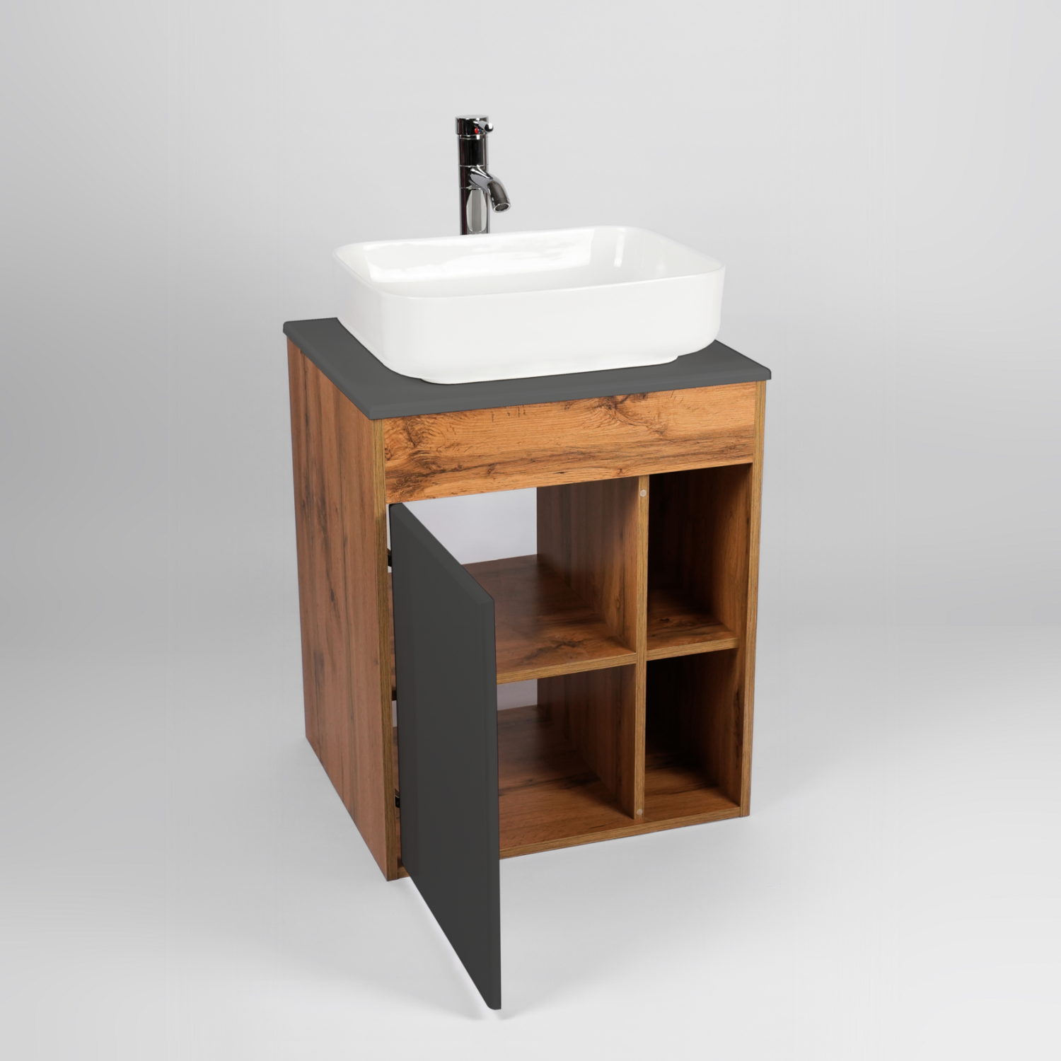 Тумба подвесная Viant Бостон 56 с раковиной Moduo 50, 1 дверь, графит/дуб вотан