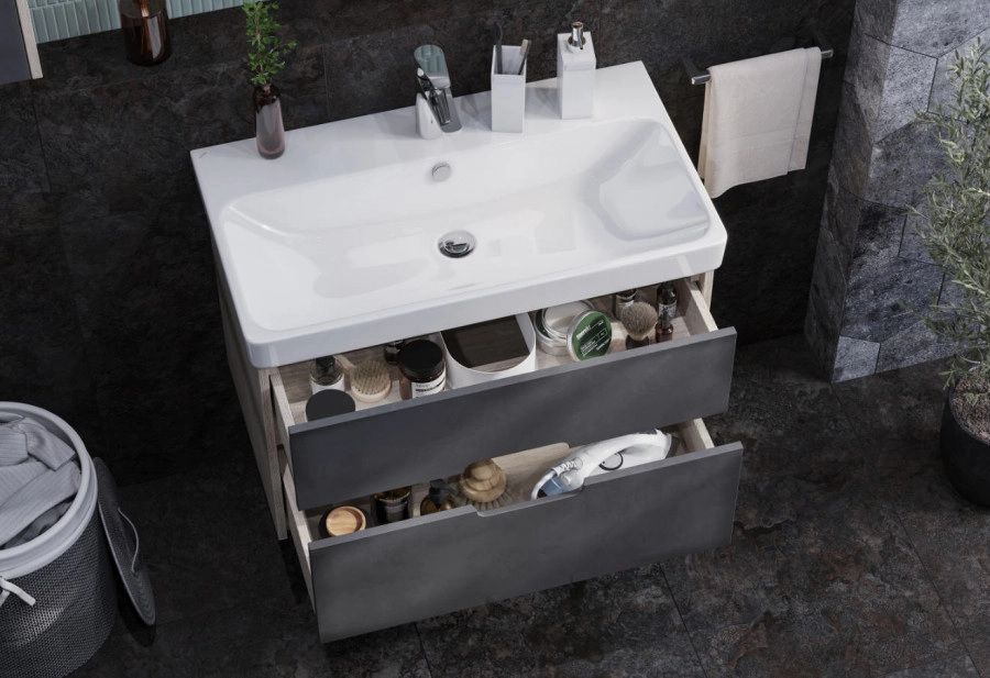 Тумба Aquaton Оливия 80 с раковиной Адриана 80 подвесная, 2 ящика, грей, дуб ойстер