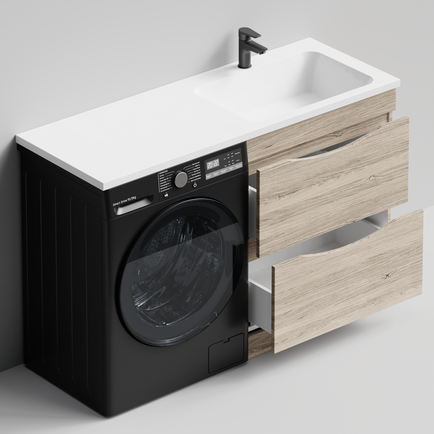 Тумба Vod-ok 68 с раковиной Смайл 130 напольная, под стиральную машину, правая, Дубослив ореховый светлый