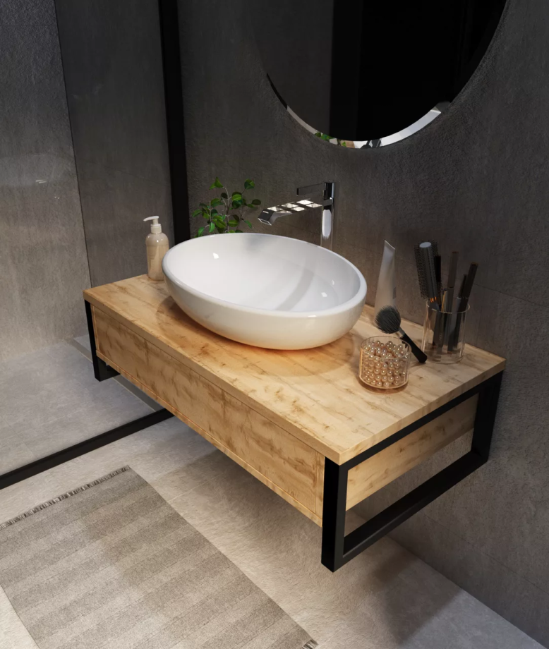 Тумба подвесная 1Marka Grunge loft 90П с раковиной Roll 53, 1 ящик, дуб вотан