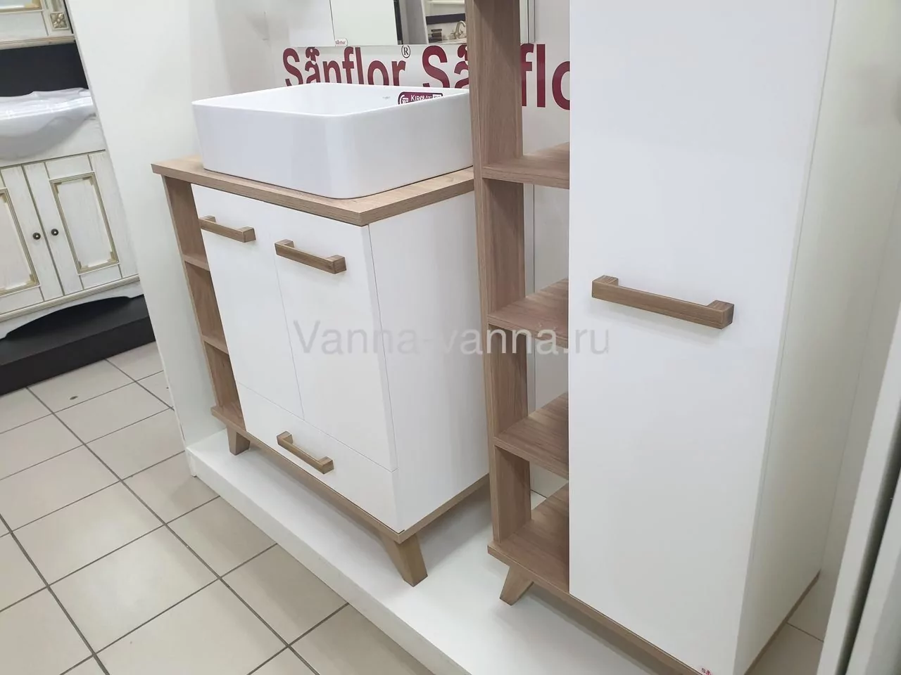 Тумба Sanflor Ингрид 80 с накладной раковиной Олимпия 56 напольная, белый матовый, швейцарский вяз