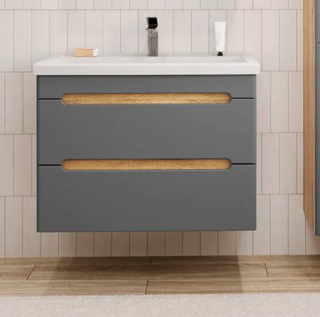 Тумба подвесная SanStar Diva 80 с раковиной Фостер 80, дуб вотан, графит софт