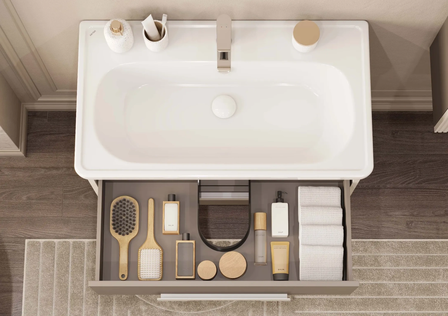 Тумба подвесная Aquaton Ар-Деко 65 с раковиной Нео 65, 2 ящика, кашемир