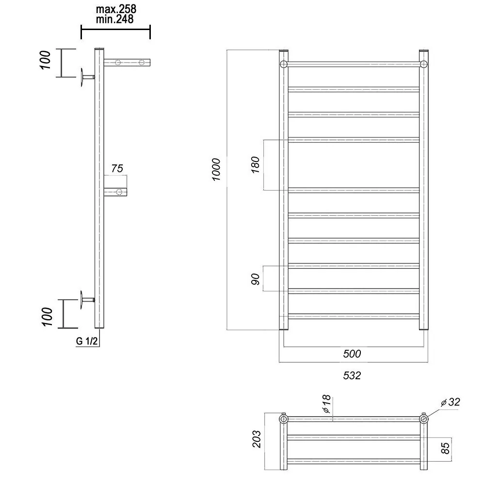 Полотенцесушитель водяной Domoterm Медея сп2 П10 500x1000 с 2 полками, хром