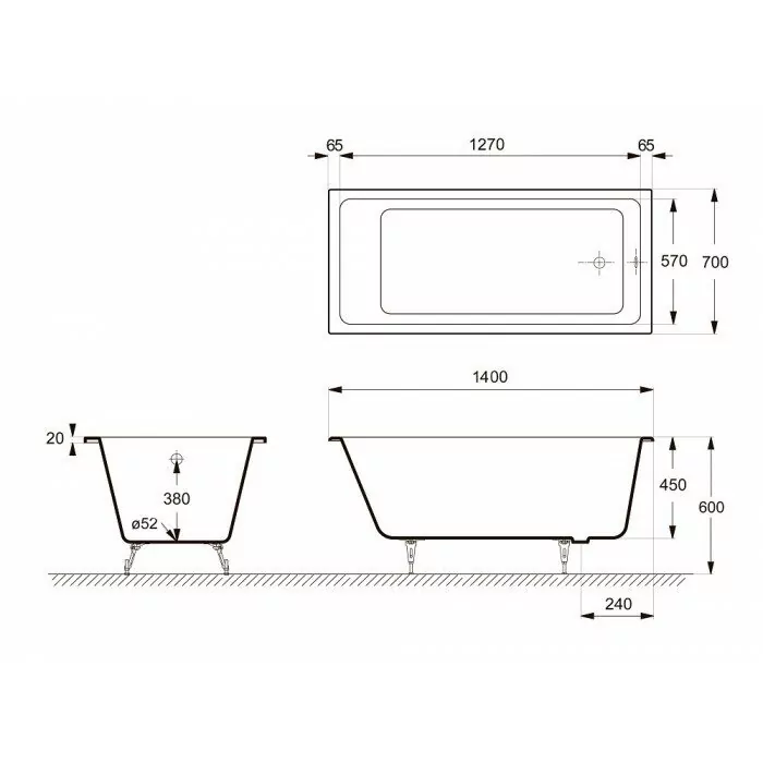 Ванна чугунная Delice Level 140х70 DLR230618R-AS прямоугольная, с отверстиями под ручки и антискользящим покрытием