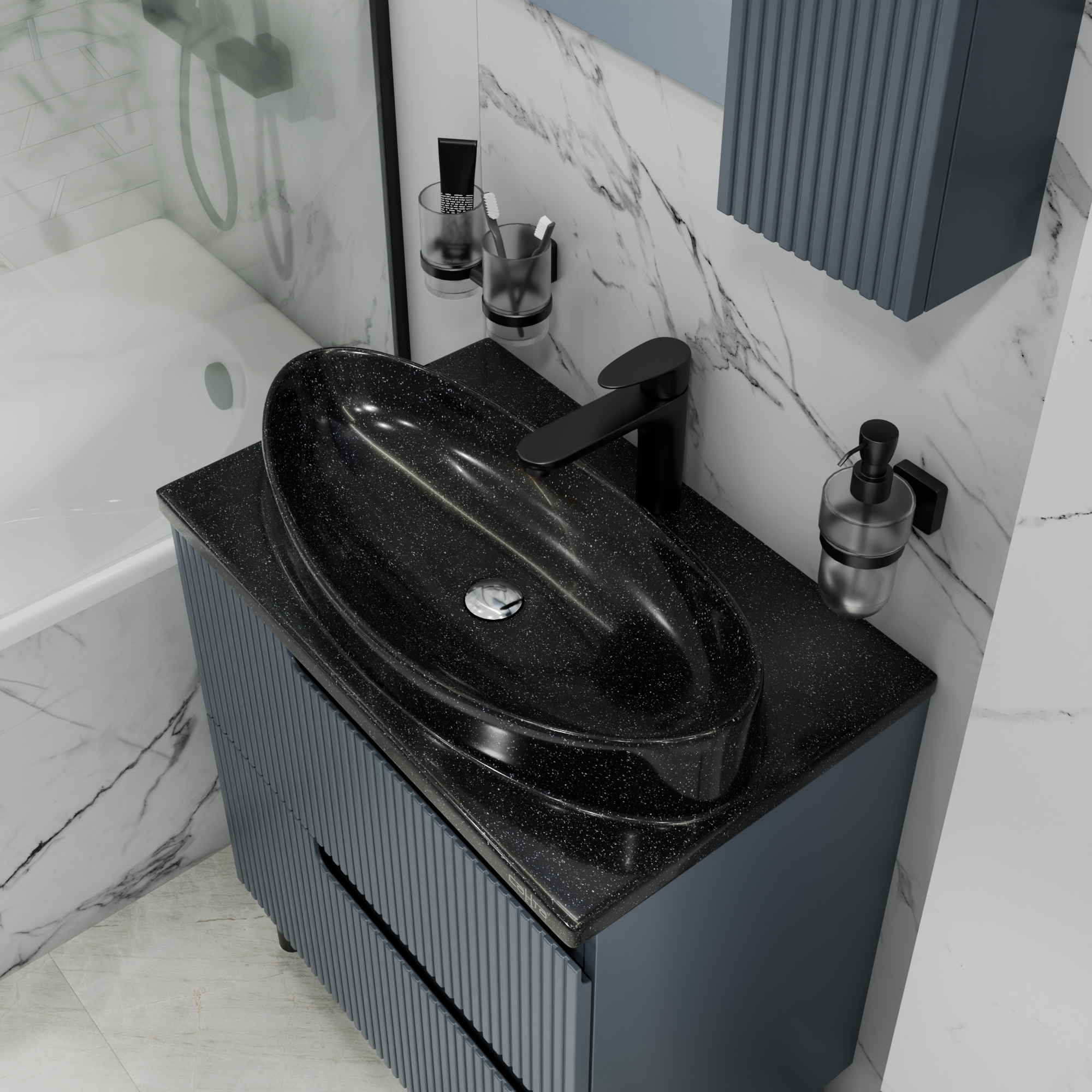 Тумба напольная Санта Альтаир 70 с раковиной Альтаир 70, 2 ящика, графит матовый