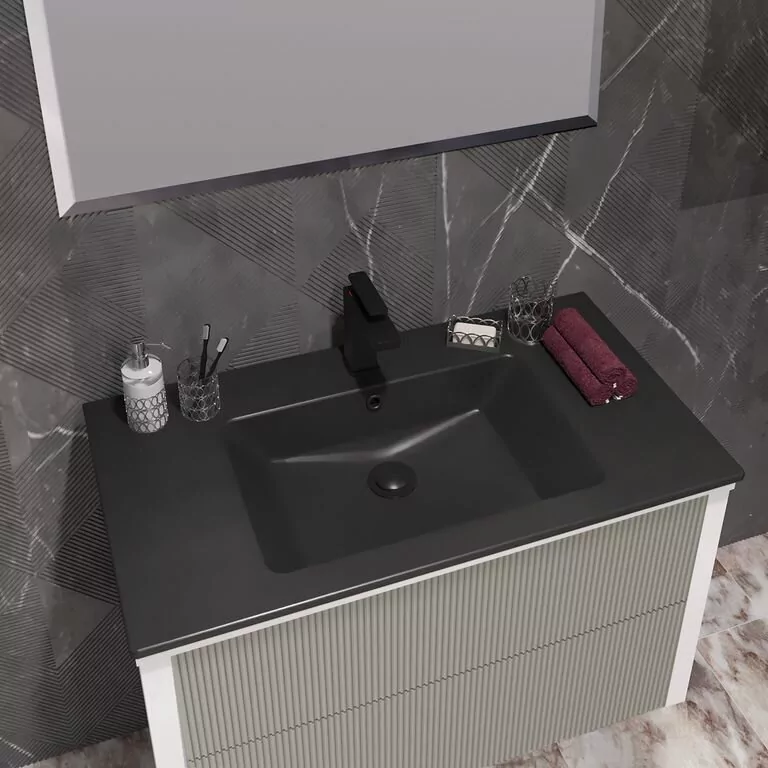 Тумба подвесная Opadiris Рубинно 90 серый с раковиной CeraStyle Ibiza 91 черный