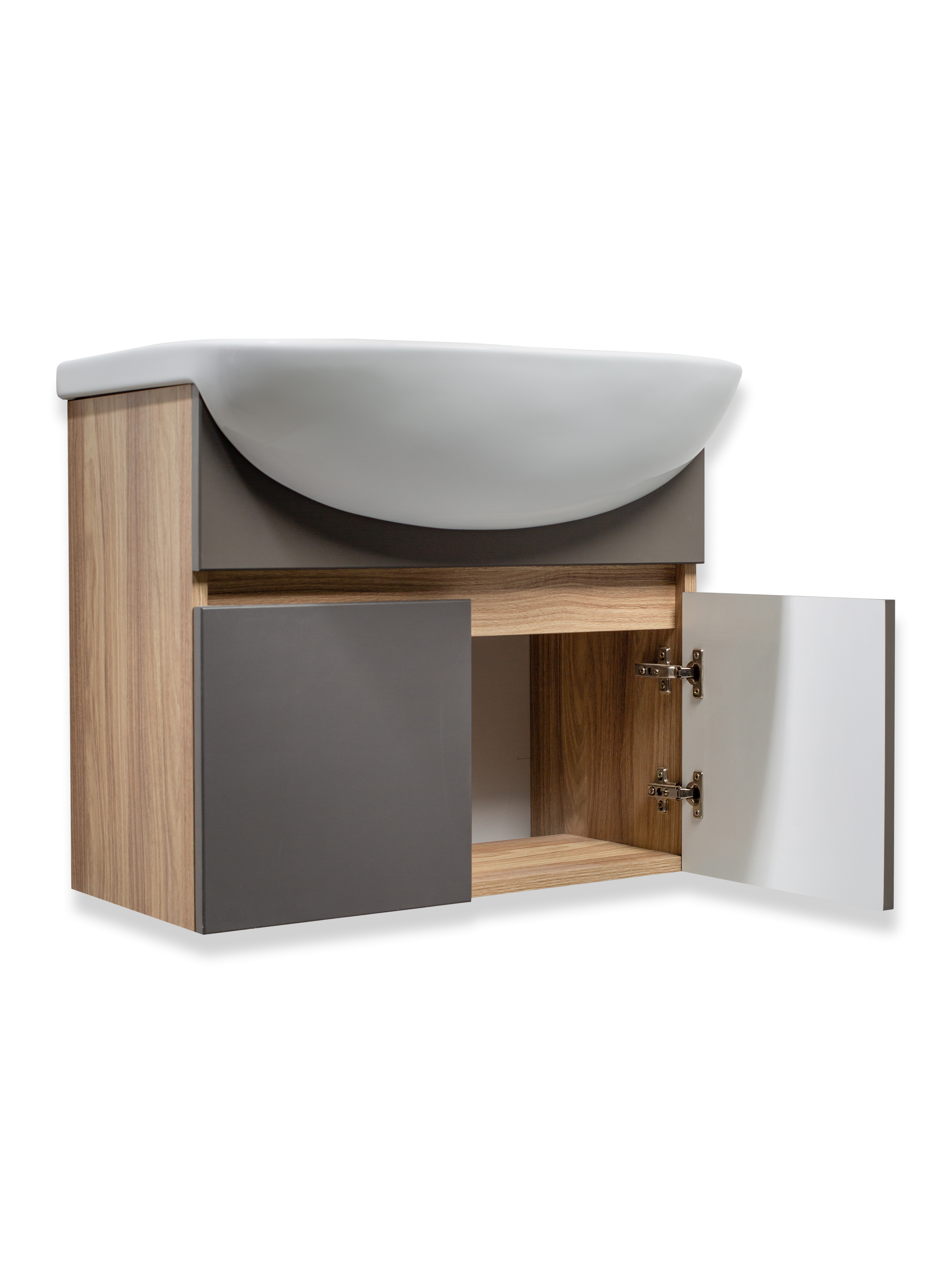 Тумба подвесная Runo Лада 50 с раковиной Уют 50, графит/дуб серый