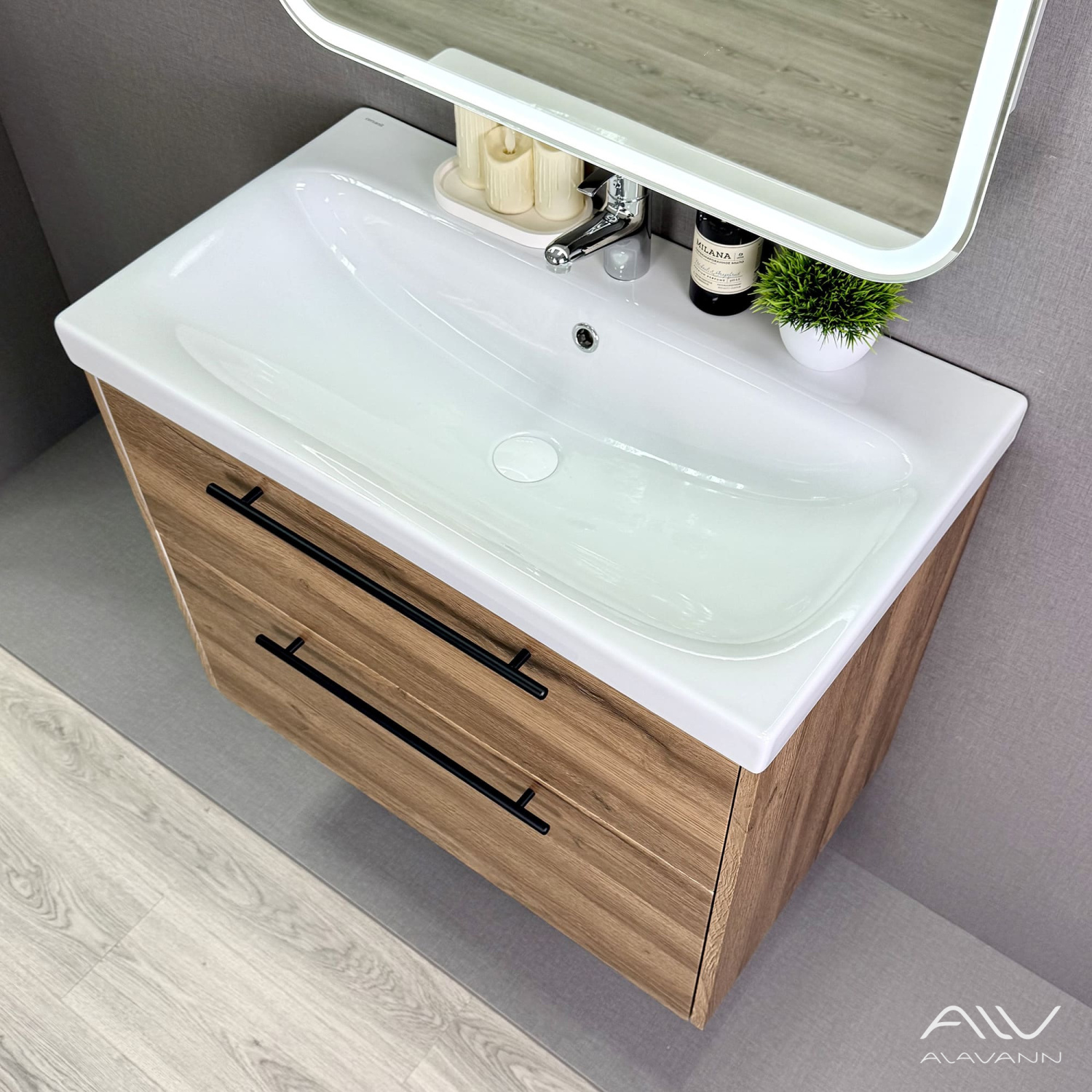 Тумба подвесная Alavann Rondo 80 с раковиной Moduo 80, дуб