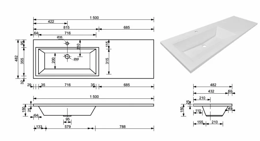 Тумба напольная Style Line Даллас 150 люкс plus ПВХ с раковиной Даллас 150 под стиральную машину, 2 ящика, левая, белая от магазина Vanna-Vanna.ru!