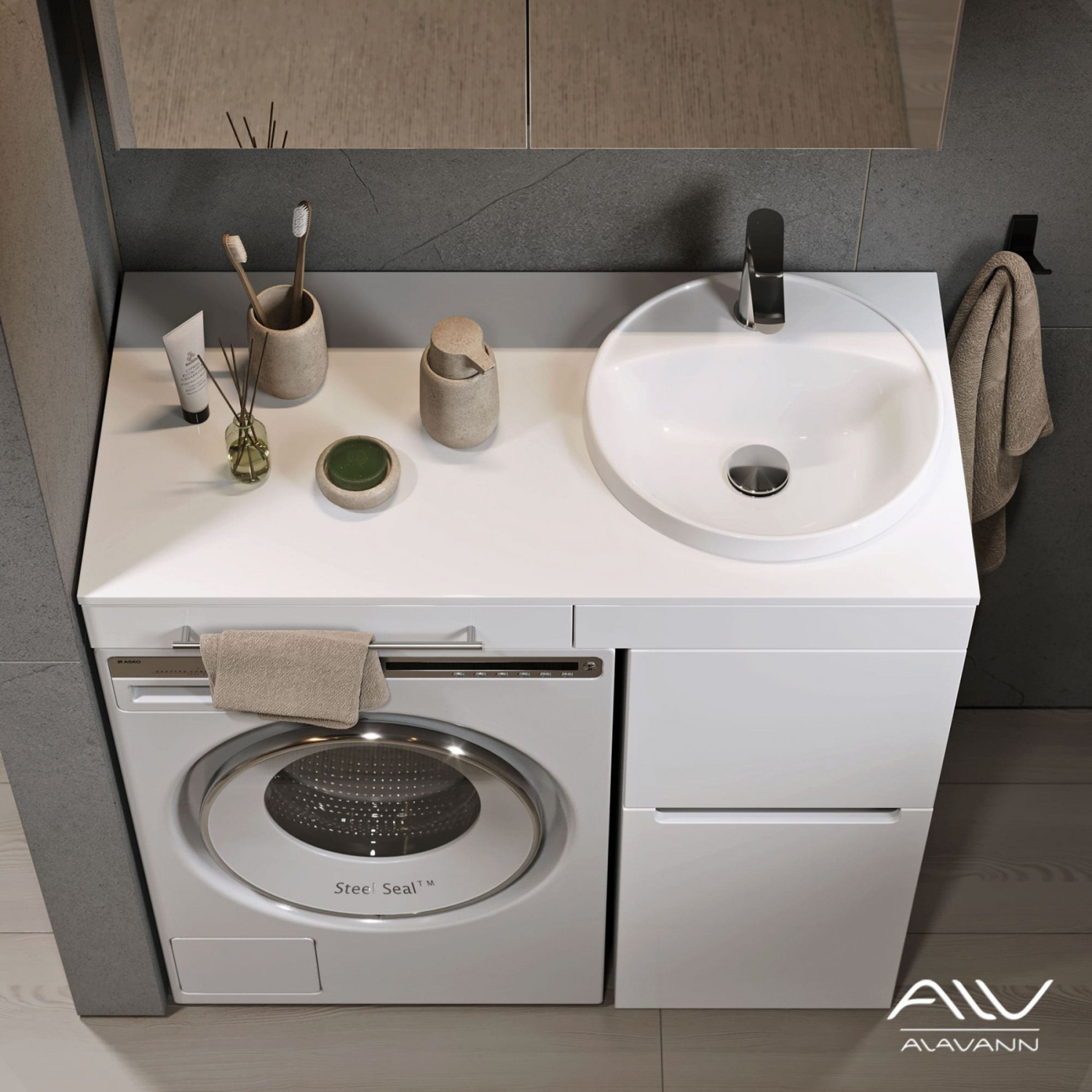 Тумба со столешницей Мдф Alavann Cosmetic 100 и раковиной Art Inside, R правая, корзина, под стиральную машину, белая