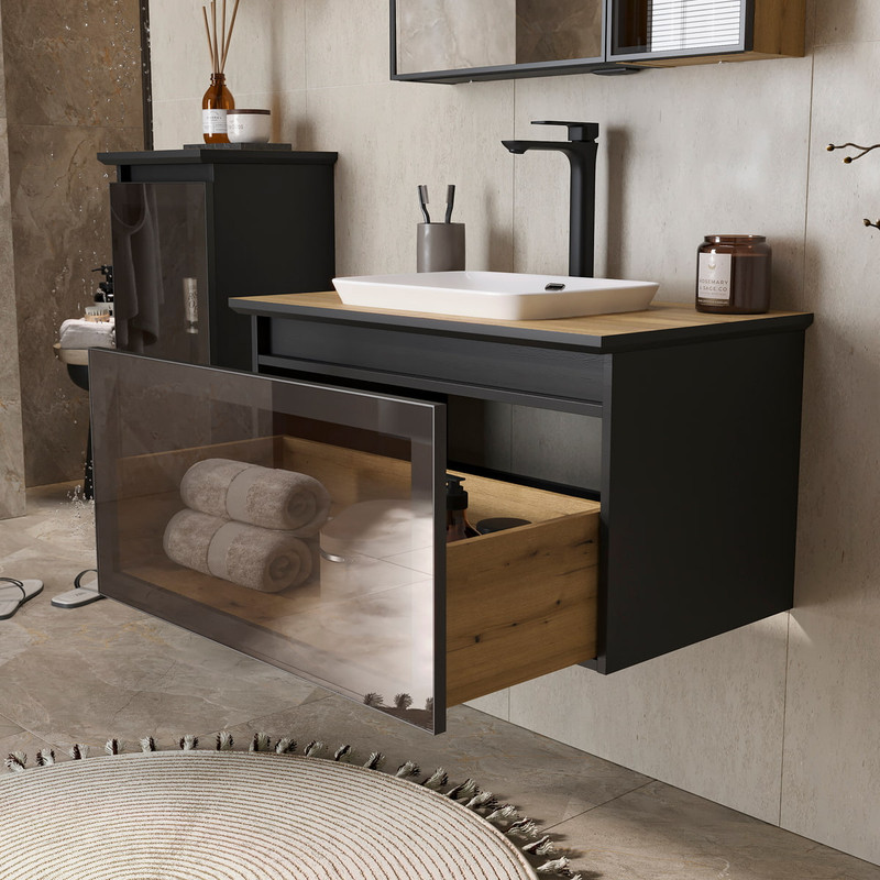 Тумба с раковиной EQUIL Strong 80 подвесная, 1 ящик, дуб черный/дуб эвок