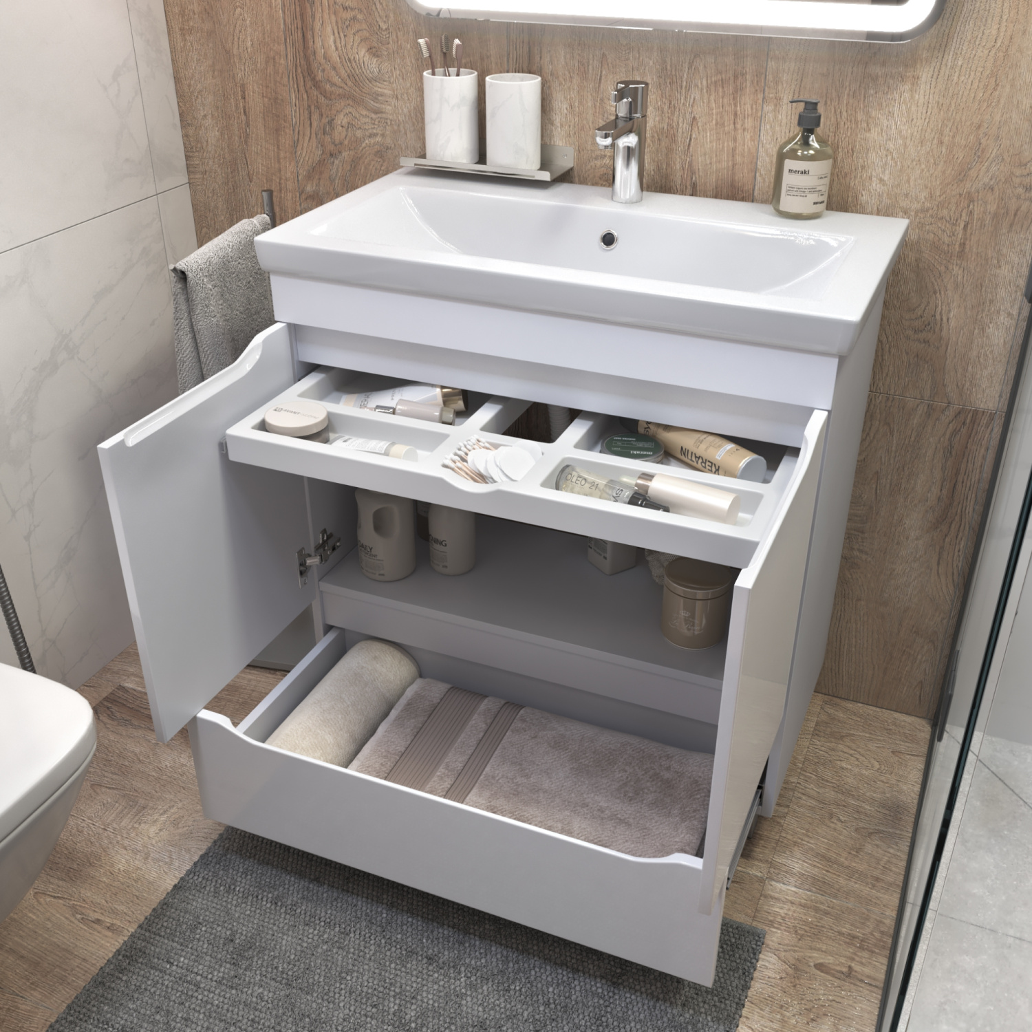 Тумба напольная Vigo Grani 800-2-1 с раковиной Como 80, 2 двери, 1 ящик, белый